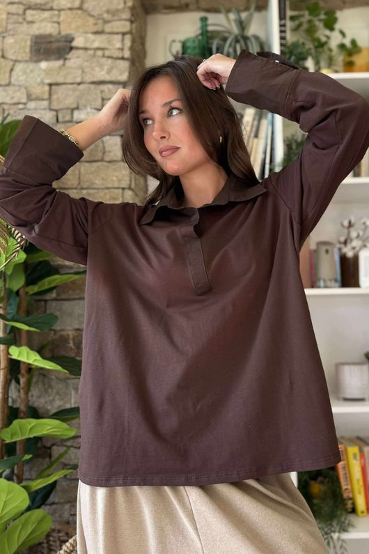 Essential Body Stretch Cotton Collar & Cuff Shirt Chocolate /50 pre order 1 week 
